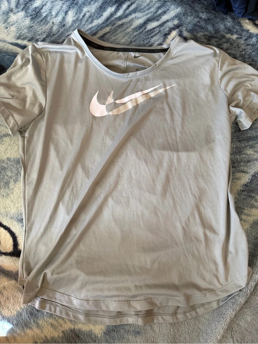 Nike Women's Light Gray Short Sleeve Dri-FIT Tee with White Swoosh
